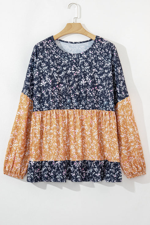 Mixed Print Patchwork Ruffled Hem Round Neck Blouse