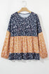 Mixed Print Patchwork Ruffled Hem Round Neck Blouse