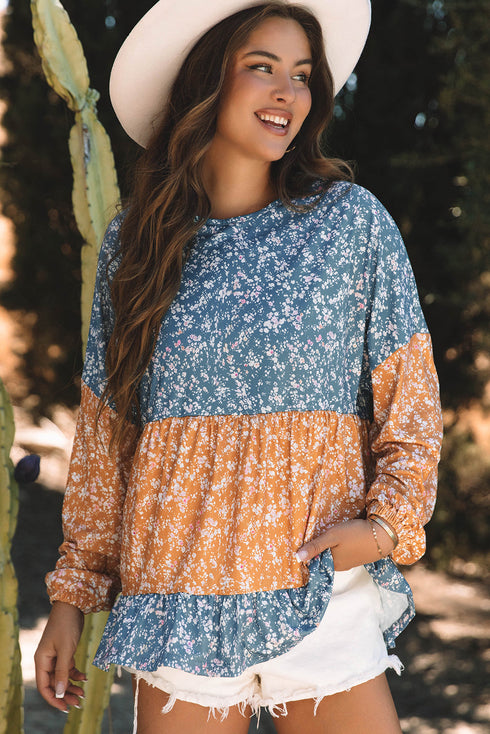 Mixed Print Patchwork Ruffled Hem Round Neck Blouse
