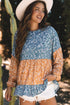 Mixed Print Patchwork Ruffled Hem Round Neck Blouse