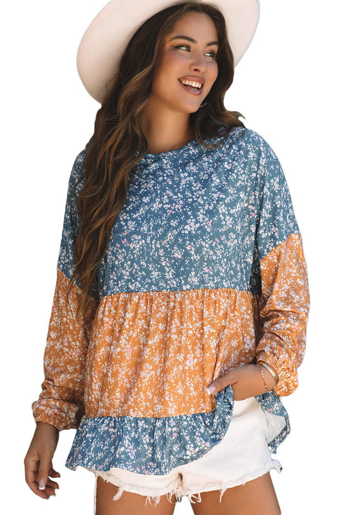 Mixed Print Patchwork Ruffled Hem Round Neck Blouse