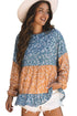 Mixed Print Patchwork Ruffled Hem Round Neck Blouse