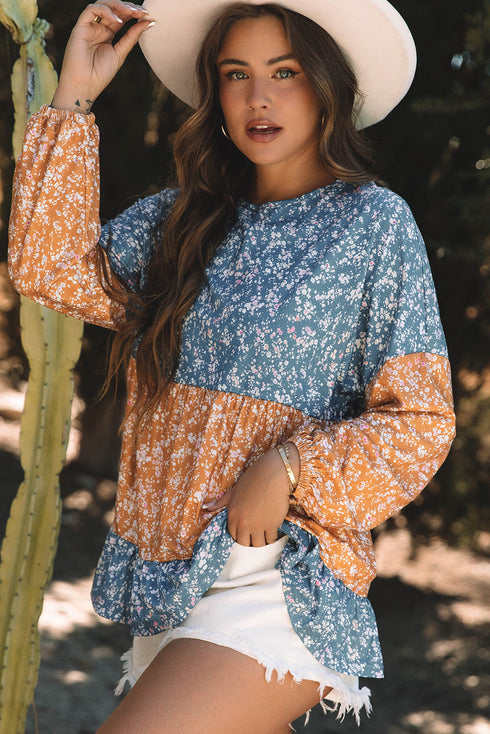 Mixed Print Patchwork Ruffled Hem Round Neck Blouse