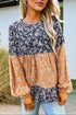 Mixed Print Patchwork Ruffled Hem Round Neck Blouse