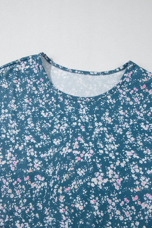 Mixed Print Patchwork Ruffled Hem Round Neck Blouse