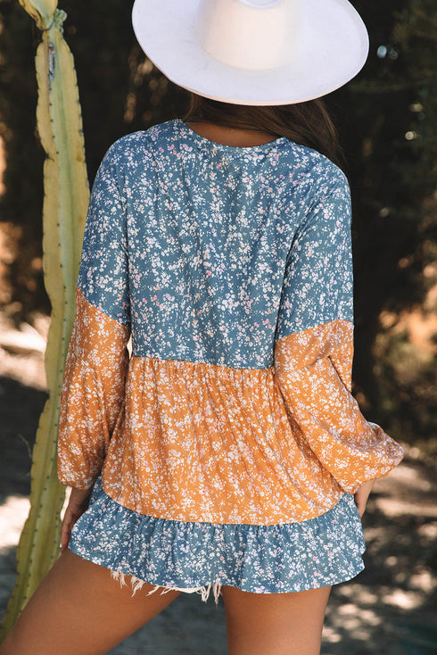 Mixed Print Patchwork Ruffled Hem Round Neck Blouse