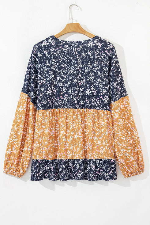 Mixed Print Patchwork Ruffled Hem Round Neck Blouse