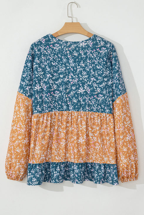 Mixed Print Patchwork Ruffled Hem Round Neck Blouse