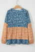 Mixed Print Patchwork Ruffled Hem Round Neck Blouse