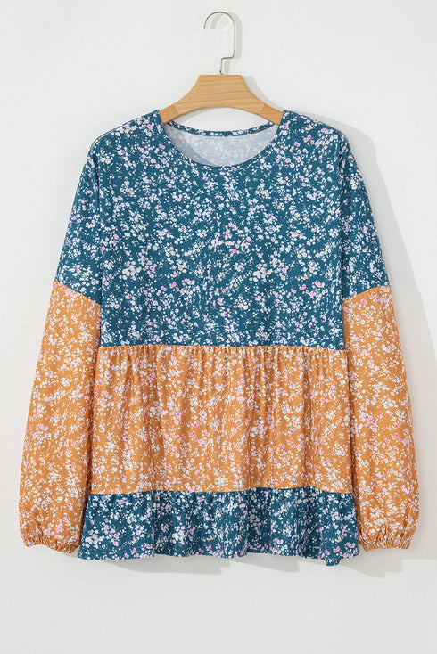 Mixed Print Patchwork Ruffled Hem Round Neck Blouse