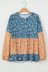 Mixed Print Patchwork Ruffled Hem Round Neck Blouse