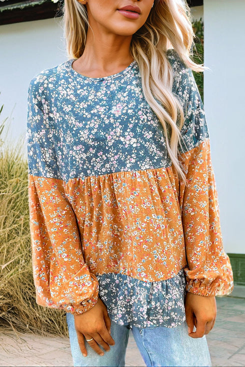 Mixed Print Patchwork Ruffled Hem Round Neck Blouse
