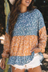 Mixed Print Patchwork Ruffled Hem Round Neck Blouse