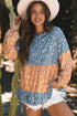Mixed Print Patchwork Ruffled Hem Round Neck Blouse