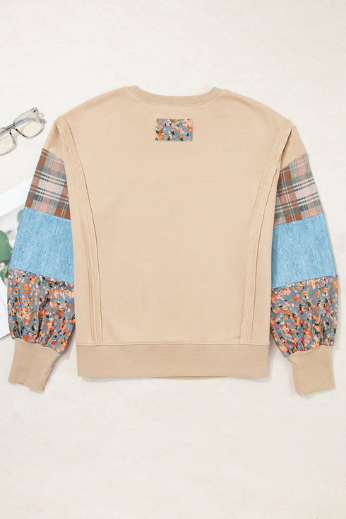 Mixed Print Patchwork Sleeve Relaxed Fit Pullover Sweatshirt