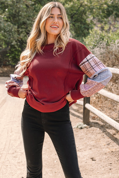 Mixed Print Patchwork Sleeve Relaxed Fit Pullover Sweatshirt