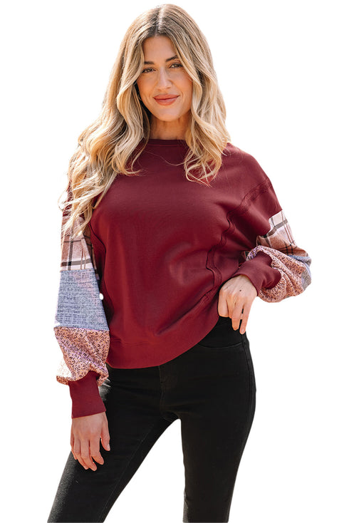 Mixed Print Patchwork Sleeve Relaxed Fit Pullover Sweatshirt