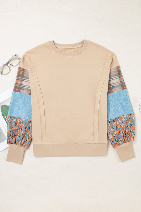 Mixed Print Patchwork Sleeve Relaxed Fit Pullover Sweatshirt