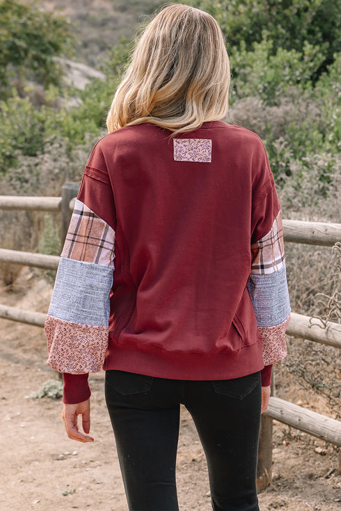 Mixed Print Patchwork Sleeve Relaxed Fit Pullover Sweatshirt