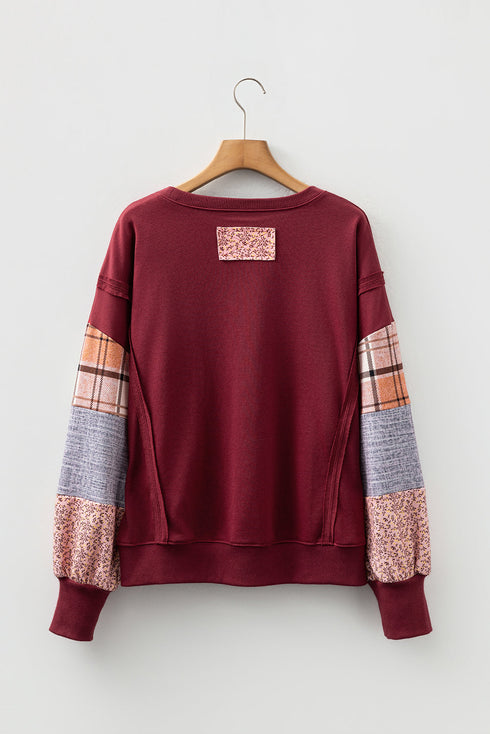 Mixed Print Patchwork Sleeve Relaxed Fit Pullover Sweatshirt