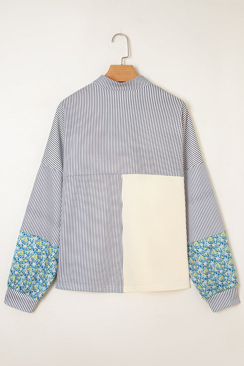 Mixed Print Patchwork Split Neck Long Sleeve Top