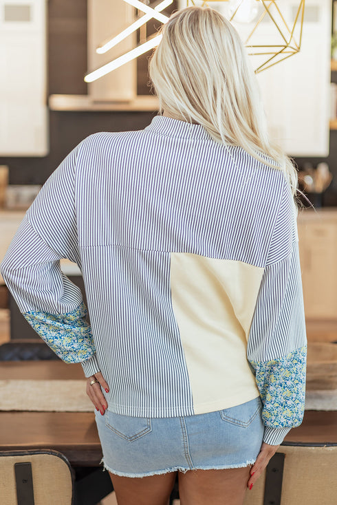 Mixed Print Patchwork Split Neck Long Sleeve Top