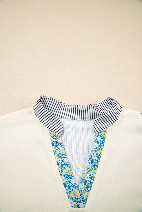 Mixed Print Patchwork Split Neck Long Sleeve Top