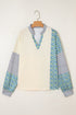 Mixed Print Patchwork Split Neck Long Sleeve Top