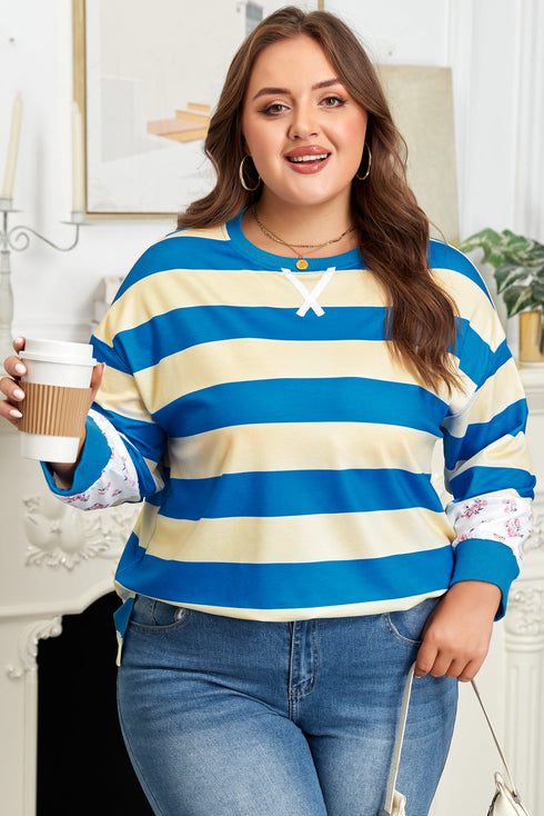 Mixed Print Patchwork Stripe Drop Shoulder Pullover Sweatshirt