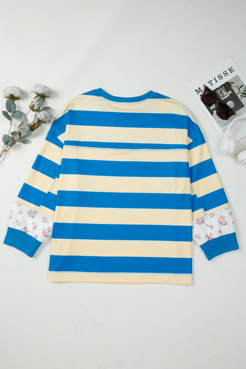 Mixed Print Patchwork Stripe Drop Shoulder Pullover Sweatshirt