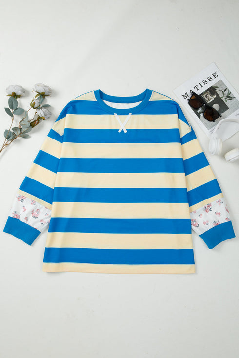 Mixed Print Patchwork Stripe Drop Shoulder Pullover Sweatshirt