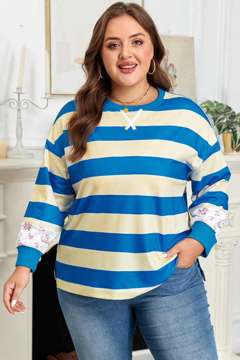Mixed Print Patchwork Stripe Drop Shoulder Pullover Sweatshirt