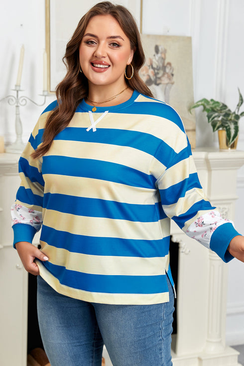 Mixed Print Patchwork Stripe Drop Shoulder Pullover Sweatshirt