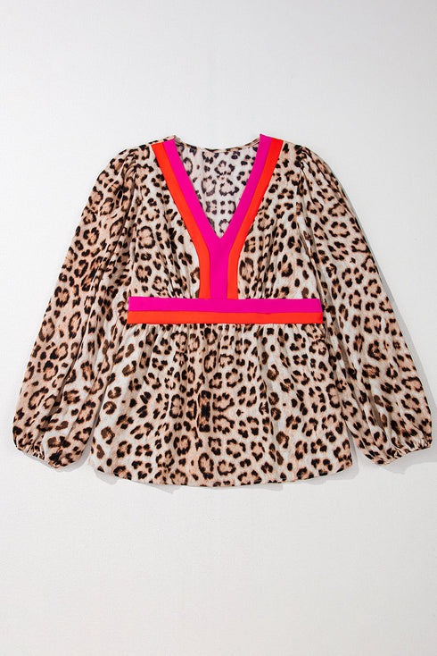 Mixed Print Patchwork V Neck Balloon Sleeve Babydoll Blouse