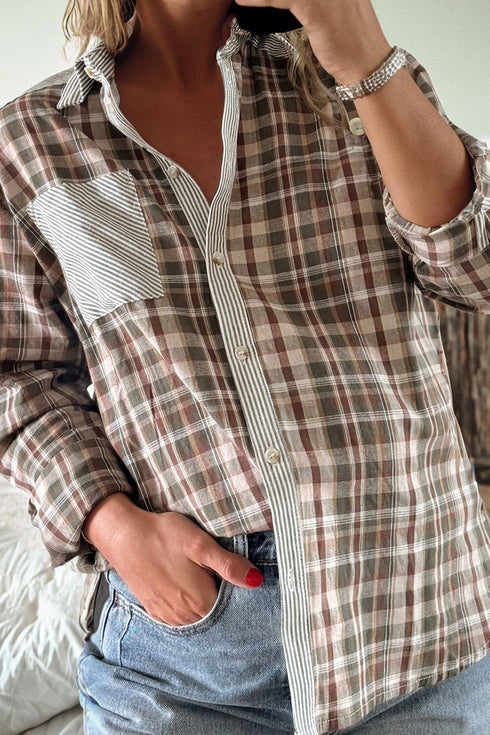 Mixed Print Plaid And Stripe Button Down Shirt