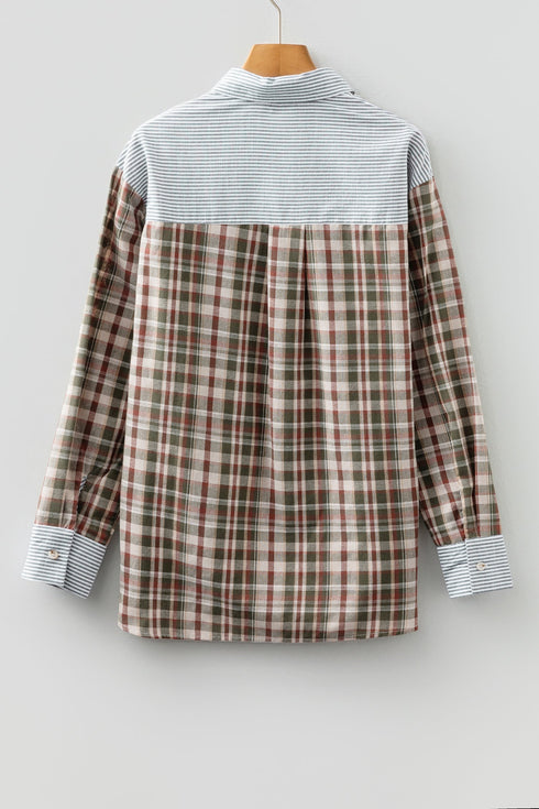 Mixed Print Plaid And Stripe Button Down Shirt