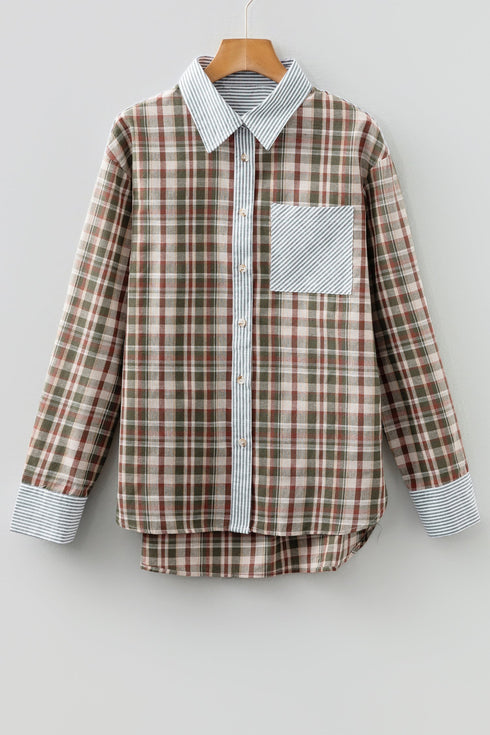 Mixed Print Plaid And Stripe Button Down Shirt