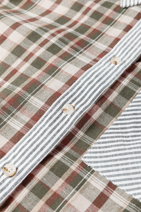 Mixed Print Plaid And Stripe Button Down Shirt