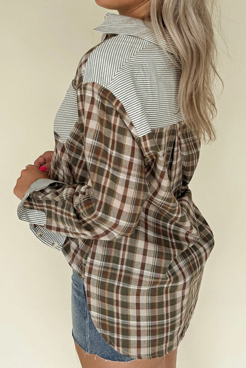 Mixed Print Plaid And Stripe Button Down Shirt