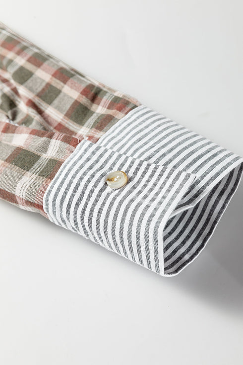Mixed Print Plaid And Stripe Button Down Shirt