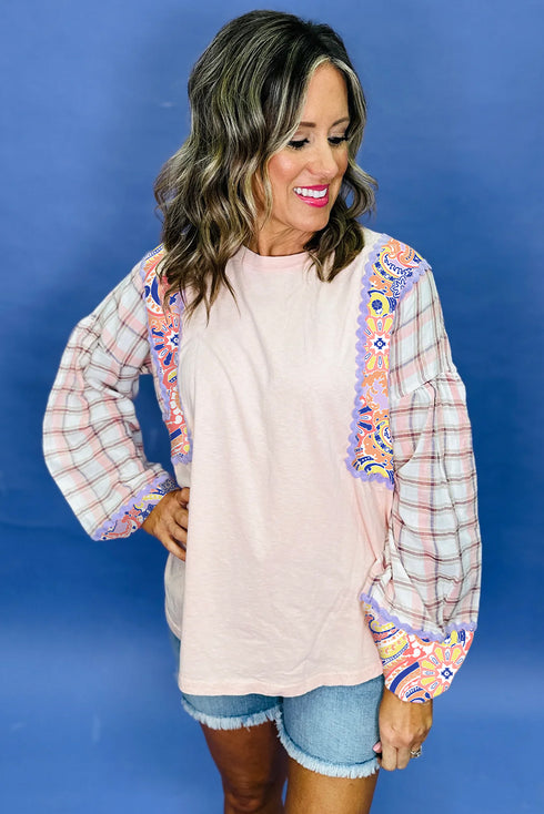 Mixed Print Plaid Paisley Ric Rac Trim Balloon Sleeve Top