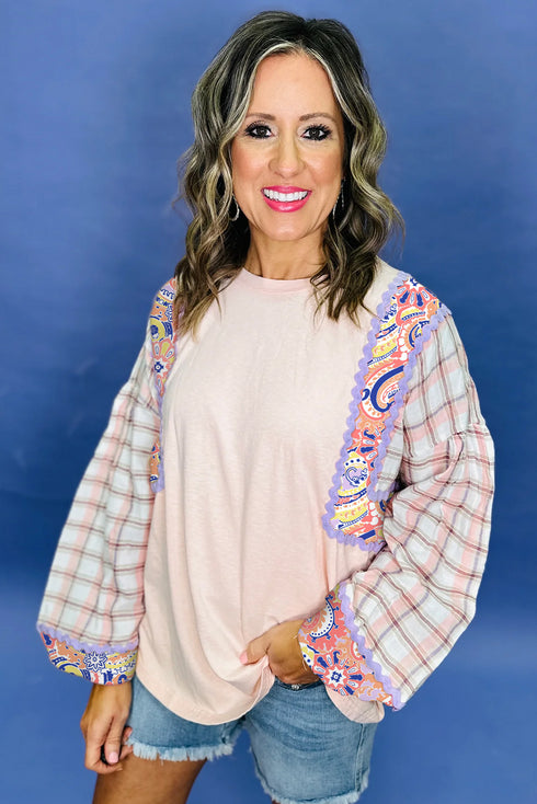 Mixed Print Plaid Paisley Ric Rac Trim Balloon Sleeve Top