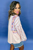 Mixed Print Plaid Paisley Ric Rac Trim Balloon Sleeve Top