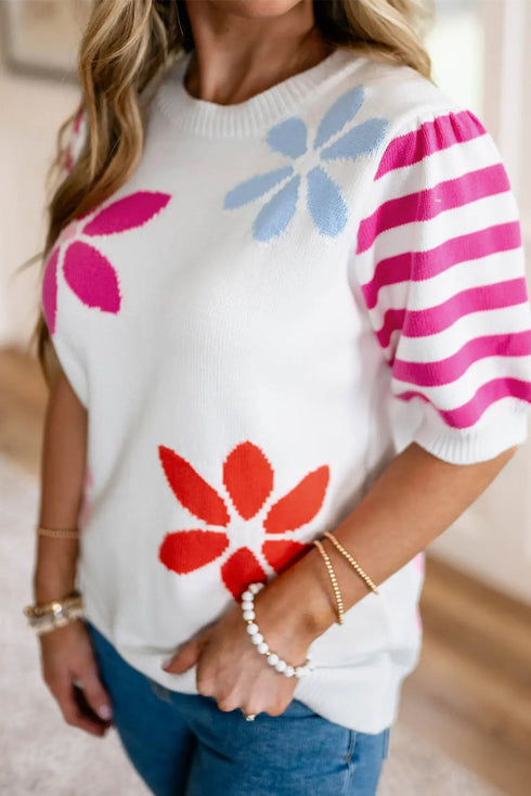 Mixed Print Puff Short Sleeve Pullover Sweater