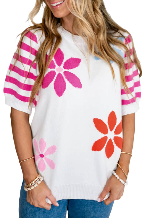Mixed Print Puff Short Sleeve Pullover Sweater