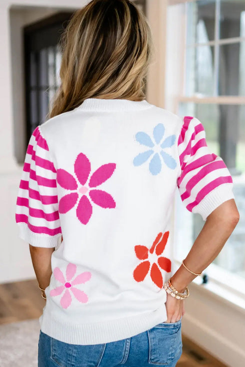 Mixed Print Puff Short Sleeve Pullover Sweater