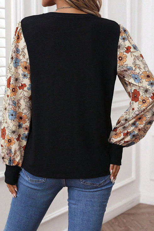 Mixed Print Puff Sleeve Round Neck Long Sleeve Top