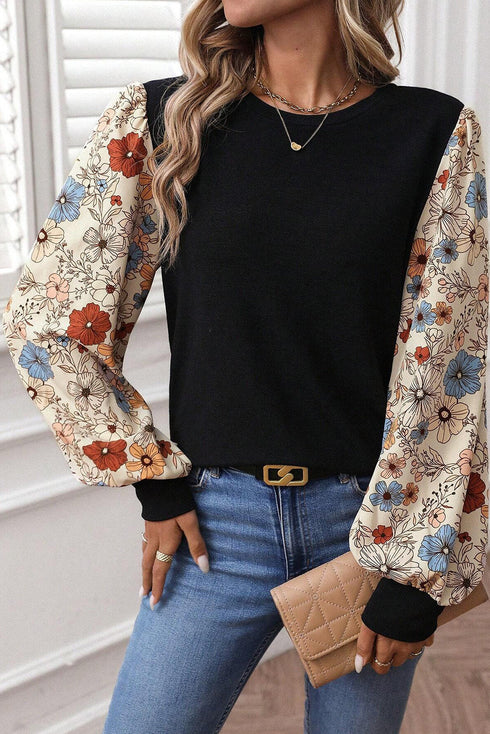 Mixed Print Puff Sleeve Round Neck Long Sleeve Top