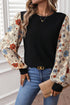 Mixed Print Puff Sleeve Round Neck Long Sleeve Top
