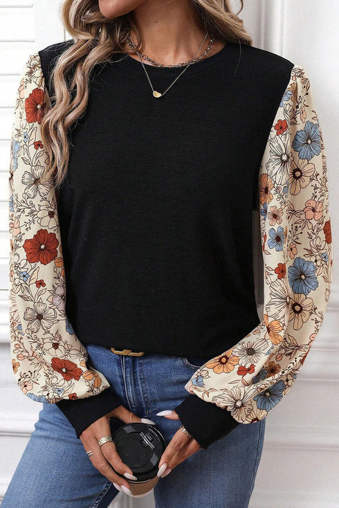 Mixed Print Puff Sleeve Round Neck Long Sleeve Top